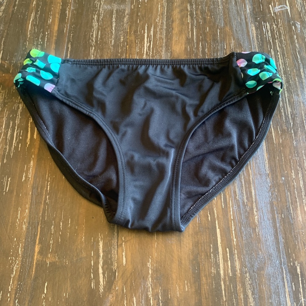 Girls Size 12 Justice Swim Bikini Bottoms Black Multicolored Dots EUC